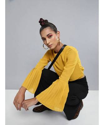 Mustard Pleated-Sleeves Crop Top 4