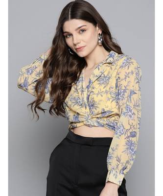Yellow Floral Tie Knot Crop Shirt Top 1
