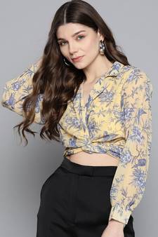 Yellow Floral Tie Knot Crop Shirt Top