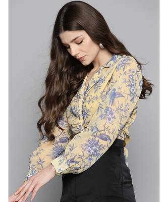 Yellow Floral Tie Knot Crop Shirt Top 2