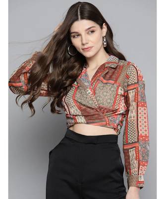 Brown Patch Tie Knot Crop Shirt Top 1