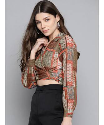 Brown Patch Tie Knot Crop Shirt Top 2