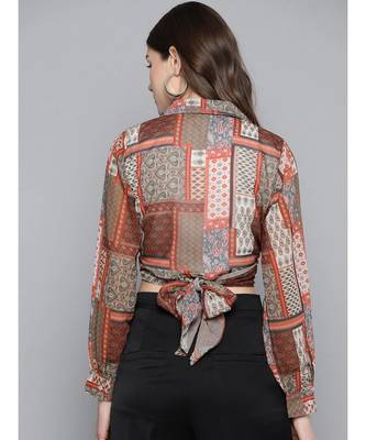 Brown Patch Tie Knot Crop Shirt Top 3