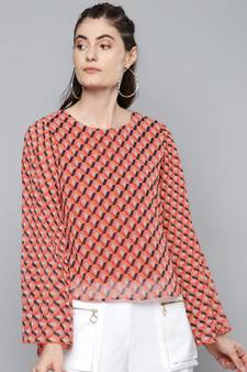 Orange Geo Print Pleated Top