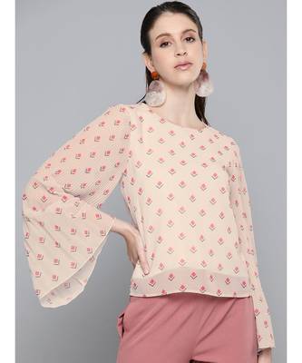 Beige Diamond Print Print Pleated Top 1