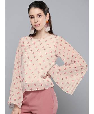 Beige Diamond Print Print Pleated Top 2