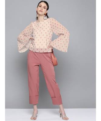 Beige Diamond Print Print Pleated Top 4