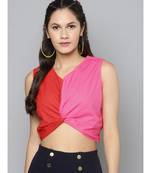 Red & Fuchsia Color Block Front Knot Top
