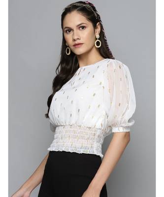White Lurex Smocked Waist Top 2
