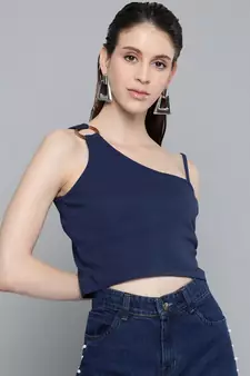 Navy One Shoulder Strappy Top