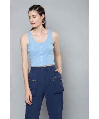 Blue Front Button Sleeveless Crop Top 1