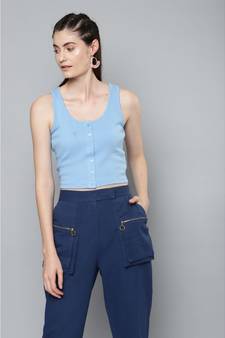 Blue Front Button Sleeveless Crop Top