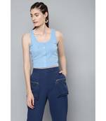 Blue Front Button Sleeveless Crop Top