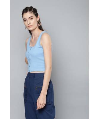 Blue Front Button Sleeveless Crop Top 2