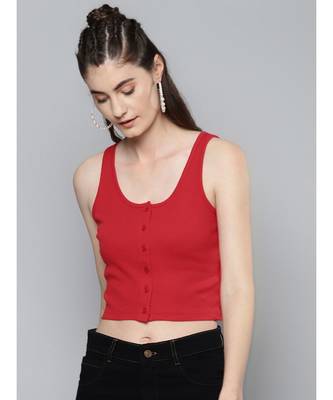 Red Front Button Sleeveless Crop Top 1