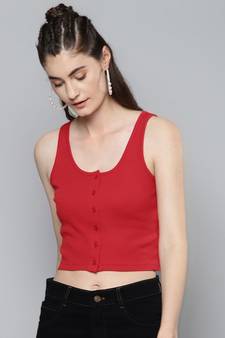 Red Front Button Sleeveless Crop Top