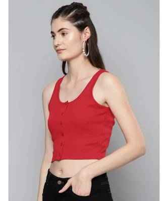 Red Front Button Sleeveless Crop Top 2