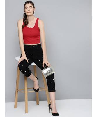 Red Front Button Sleeveless Crop Top 4