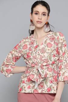 Beige & Red Floral Front Knot Top