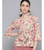 Beige & Red Floral Front Knot Top