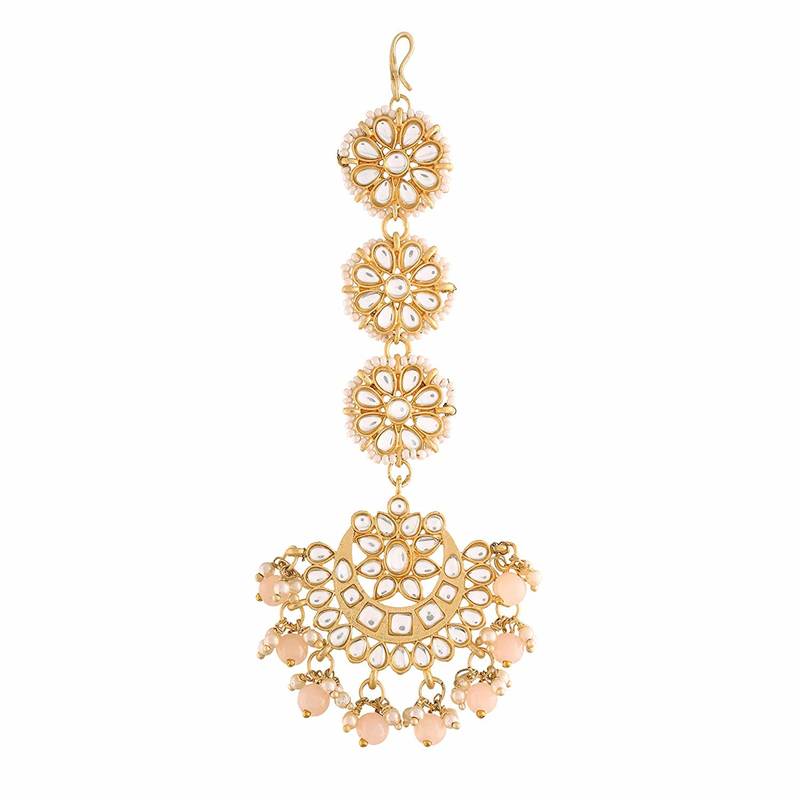 Matte Finish Traditional Pearls Kundan Studded Maang Tikka for Women/Girls 