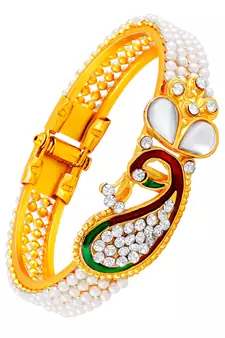 Peacock Inspired Kundan Pearl Studded Gold toned Openable Kada For Women