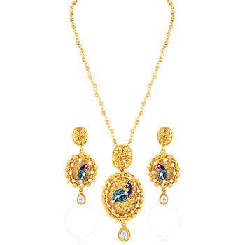 Traditional Peacock design Gold tone Meenakari Pendant Set For Women 1