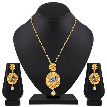 Traditional Peacock design Gold tone Meenakari Pendant Set For Women 2
