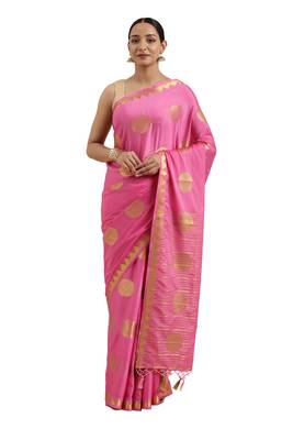 Pink woven crepe saree with blouse 1