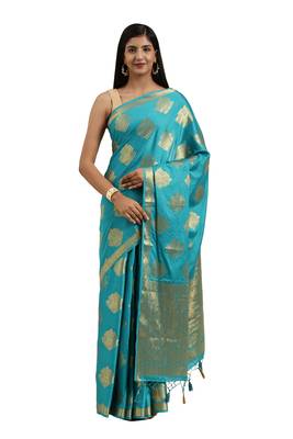 Blue printed crepe saree with blouse 1
