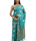 Blue printed crepe saree with blouse
