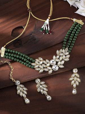 Crystal Stone Studded Pearl Choker Necklace Jewellery Set For Women 2