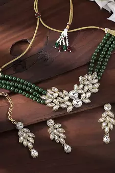 Crystal Stone Studded Pearl Choker Necklace Jewellery Set For Women