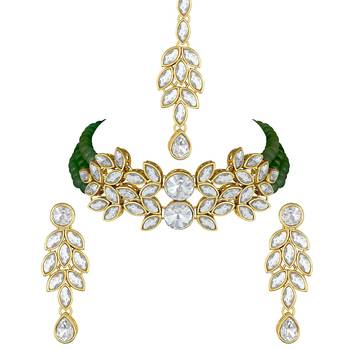 Crystal Stone Studded Pearl Choker Necklace Jewellery Set For Women 3