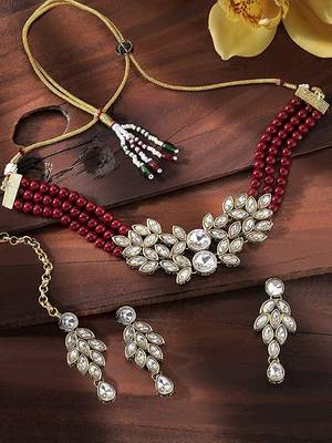 Traditional Stone Studded Pearl Choker Necklace Set For Women 2