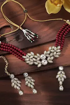 Traditional Stone Studded Pearl Choker Necklace Set For Women