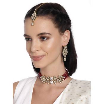 Traditional Stone Studded Pearl Choker Necklace Set For Women 1