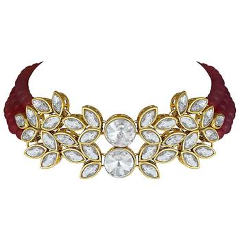 Traditional Stone Studded Pearl Choker Necklace Set For Women 5