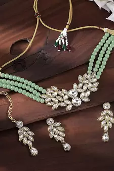Crystal Stone Studded Pearl Choker Necklace Jewellery Set For Women