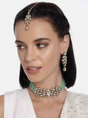 Crystal Stone Studded Pearl Choker Necklace Jewellery Set For Women 1