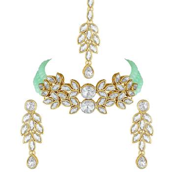 Crystal Stone Studded Pearl Choker Necklace Jewellery Set For Women 4