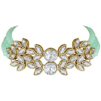Crystal Stone Studded Pearl Choker Necklace Jewellery Set For Women 6