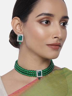 Rhodium Plated Stone Studded Pearl Choker Necklace Jewellery Set With Earrings For Women 2