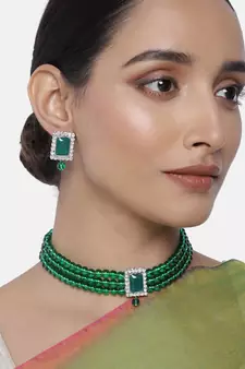 Rhodium Plated Stone Studded Pearl Choker Necklace Jewellery Set With Earrings For Women