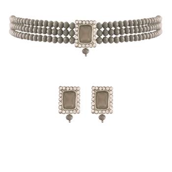 Rhodium Plated Crystal Stone Beaded Choker Necklace Jewellery Set With Earrings 1