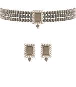 Rhodium Plated Crystal Stone Beaded Choker Necklace Jewellery Set With Earrings