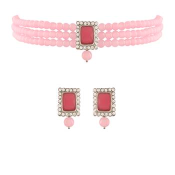 Rhodium Plated Pink Stone Studded Pearl Choker Necklace Jewellery Set With Earrings For Women 1