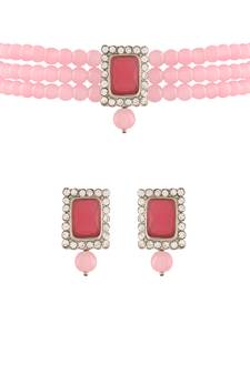 Rhodium Plated Pink Stone Studded Pearl Choker Necklace Jewellery Set With Earrings For Women