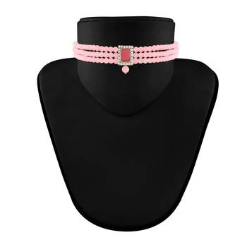 Rhodium Plated Pink Stone Studded Pearl Choker Necklace Jewellery Set With Earrings For Women 2