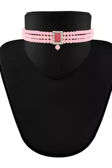 Rhodium Plated Pink Stone Studded Pearl Choker Necklace Jewellery Set With Earrings For Women
